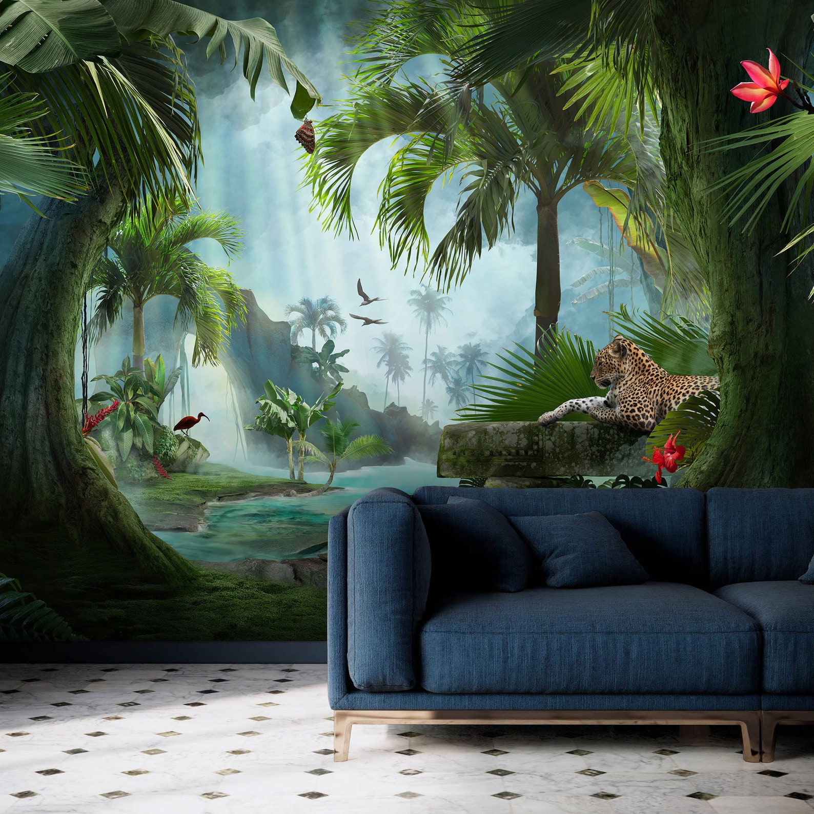 Rainforest Tropical Wallpaper, Jungle Animals Peel and Stick Wall Mural ...