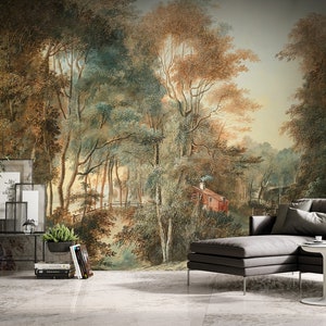 Vintage Wald Tapete Wandbild: Retro Kunst, Schälen und Aufkleben