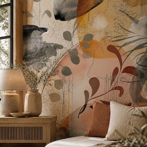 Abstract Botanical Wallpaper, Modern Boho Wall Mural, Organic Art Decor, Peel and Stik