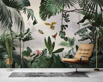Tropical Rainforest Wallpaper, Palm Tree Jungle Wall Mural, Peel and Stick