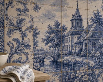 Delft Blue Tile Wall Mural | Dutch Windmill Scene Wallpaper | Blue White Kitchen Dining Room Decor