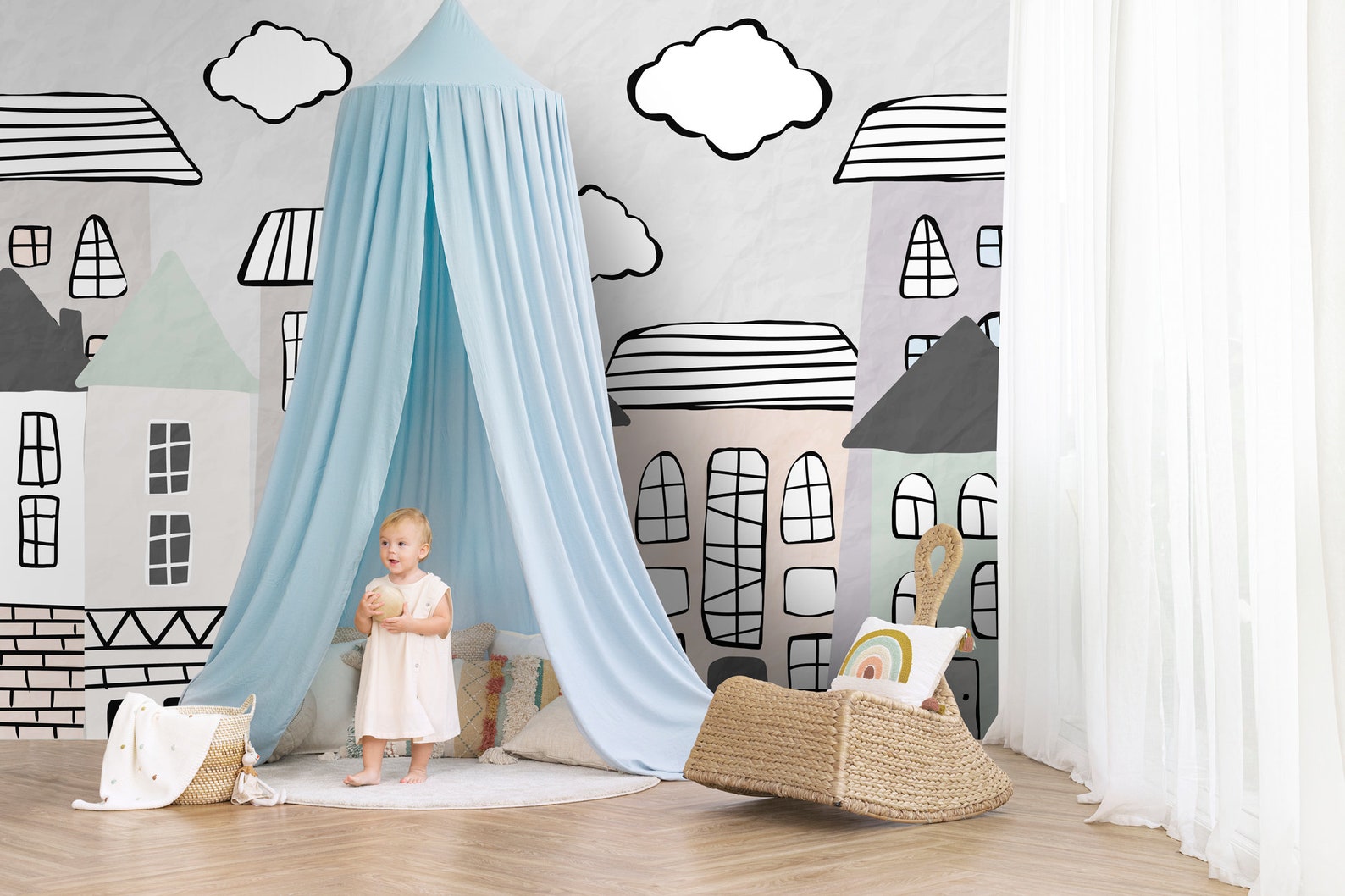 Hand Drawn Cityscape Wallpaper, Kids Room, Textured Paper (peel and ...