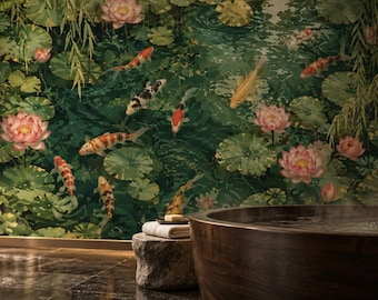 Koi Pond Lotus Wall Mural | Japanese Water Garden Wallpaper (Custom Size)