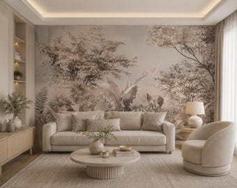 Sepia Botanical Wallpaper, Neutral Forest Mural, Beige Woodland Decor