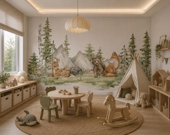 Woodland Nursery Wallpaper, Forest Animal Mural, Deer Bear Fox Kids Room Decor