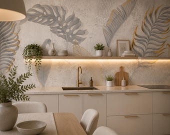 Neutral Tropical Wallpaper, Gold Leaf Palm Leaf Mural, Modern Organic Decor