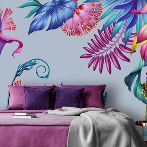 Carta da parati di arte tropicale, buccia e bastone murale di fiori colorati, foglie di palma botaniche fiori carta da parati autoadesiva rimovibile