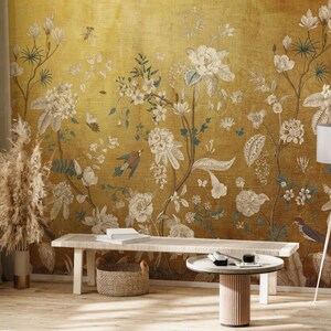 Vintage Chinoiserie Peel and Stick Wallpaper with Birds, Gold Vintage Chinoiserie Botanical Wallpaper Mural, Wallpaper With Birds and Flower