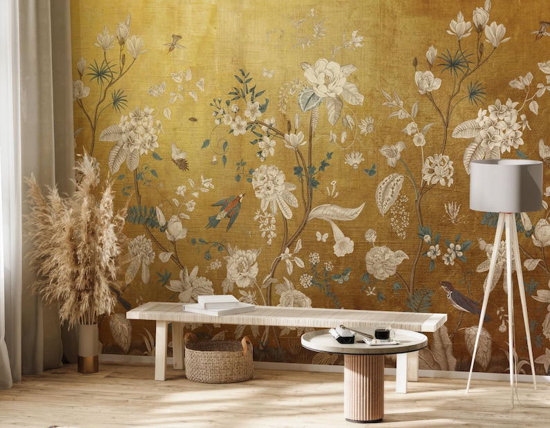 Vintage Chinoiserie Peel and Stick Wallpaper with Birds, Gold Vintage Chinoiserie Botanical Wallpaper Mural, Wallpaper With Birds and Flower