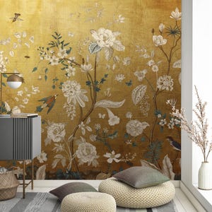 Vintage Chinoiserie Peel and Stick Wallpaper with Birds, Gold Vintage Chinoiserie Botanical Wallpaper Mural, Wallpaper With Birds and Flower
