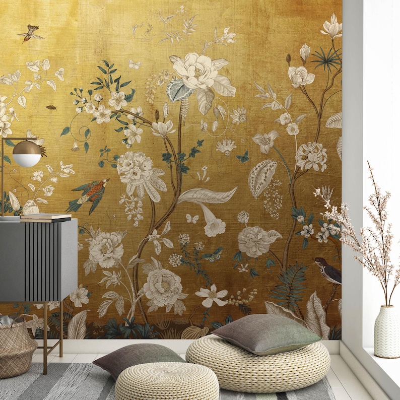 Vintage Chinoiserie Peel and Stick Wallpaper with Birds, Gold Vintage Chinoiserie Botanical Wallpaper Mural, Wallpaper With Birds and Flower