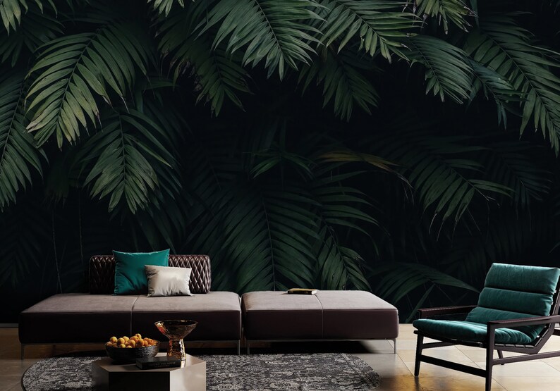 Tropical Leaf Wallpaper: Dark Jungle Peel and Stick Wall Mural - Etsy