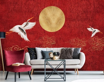 Chinoiserie Wallpaper, Peel and Stick Chinese Gold Painting Heron Birds Wall Mural, Self Adhesive Removable Wallpaper