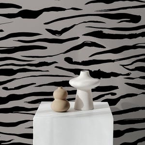 Modern Zebra Stripe Wallpaper, Black and Grey Minimalist Animal-Themed Peel and Stick Wallpaper