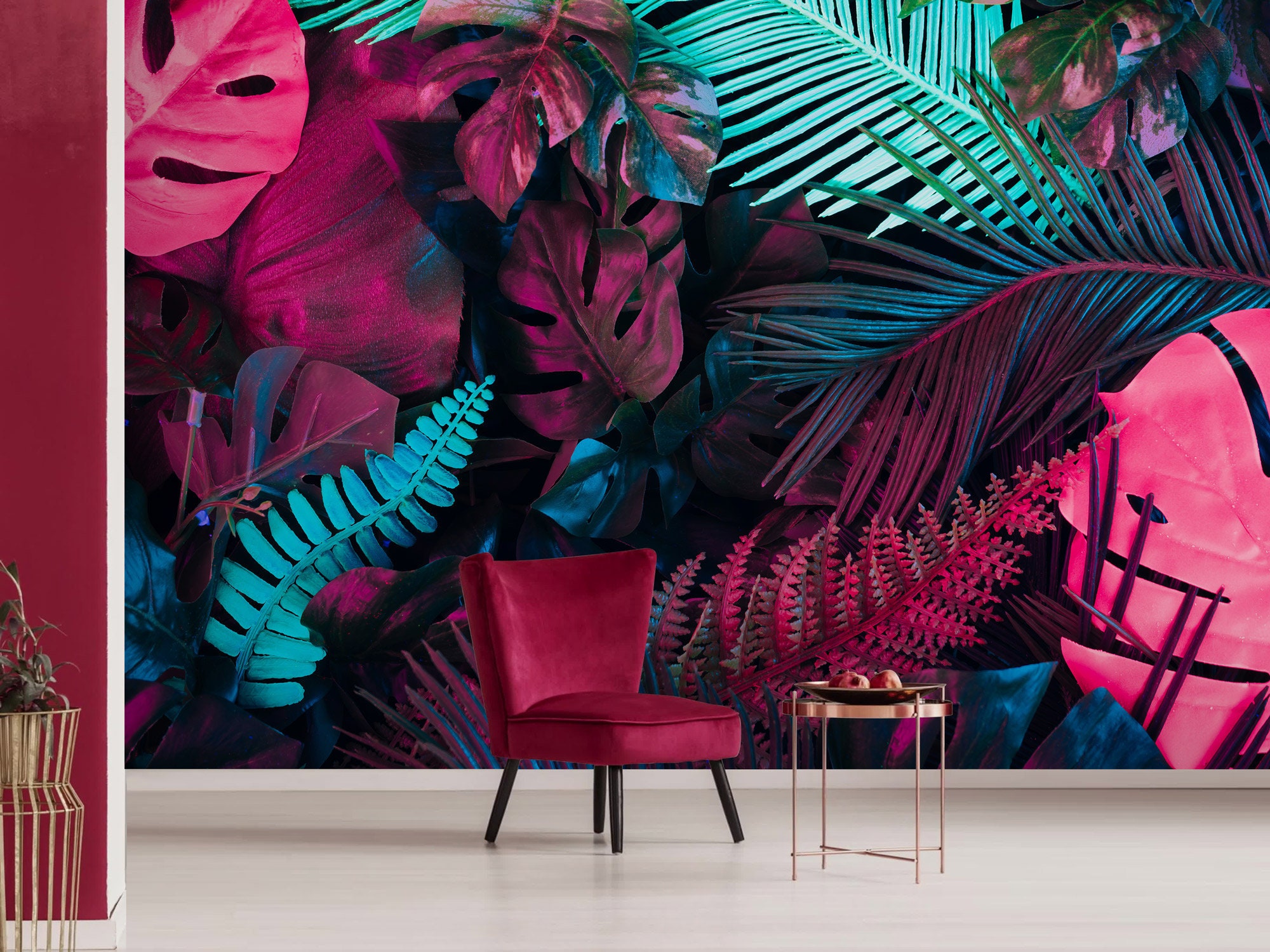 Tropical Leaves Wallpaper Peel and Stick Colorful Wall Mural Neon Self ...