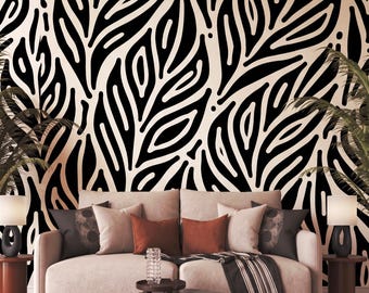 Abstract Leaf Wallpaper, Modern Botanical, Monochrome Wall Decor (Customizable)