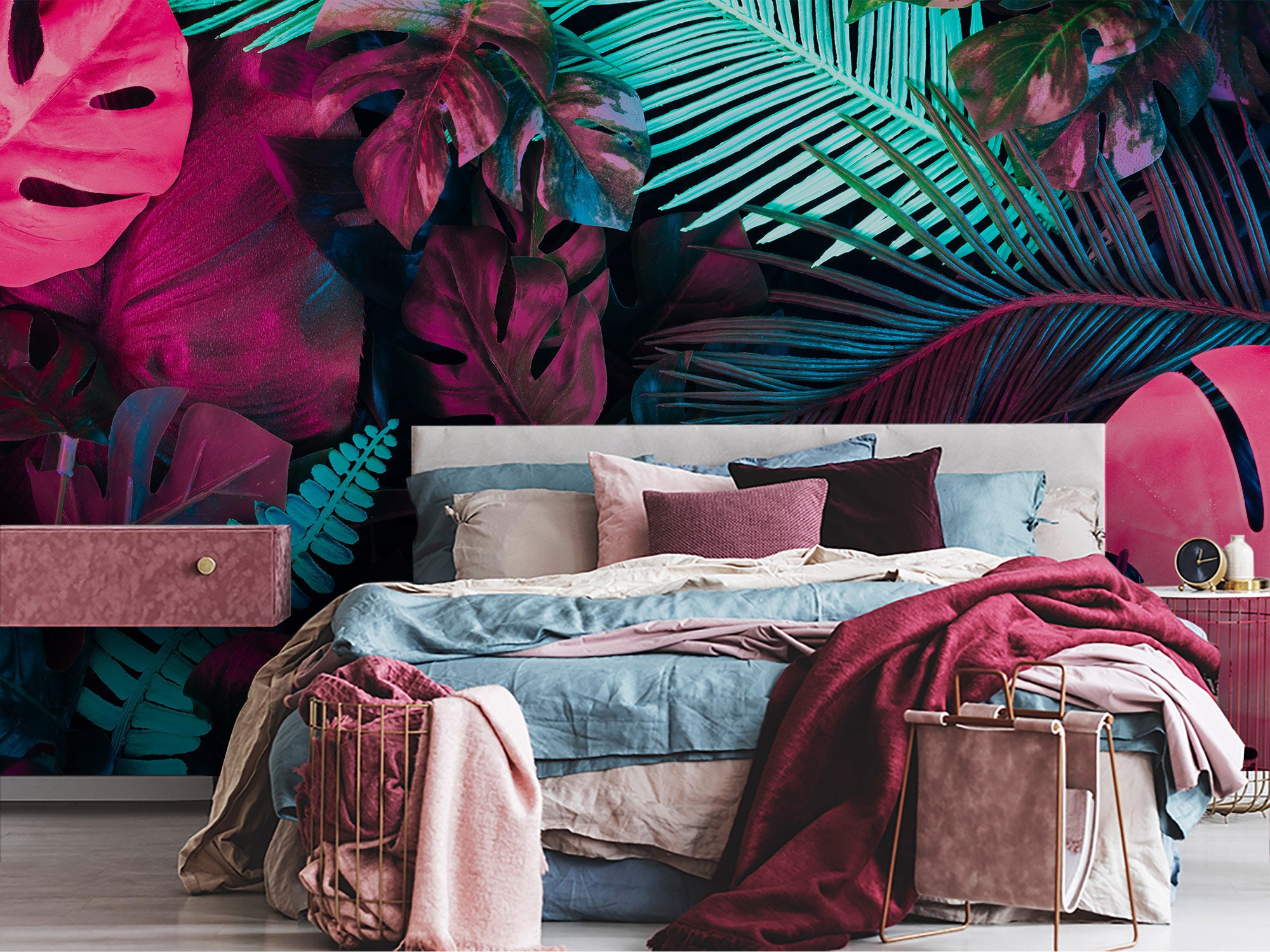 Tropical Leaves Wallpaper Peel and Stick Colorful Wall Mural Neon Self ...