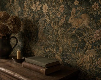 Medieval Verdure Tapestry Wall Mural | Green Forest Deer Wallpaper | Manor Dining Room Study Decor