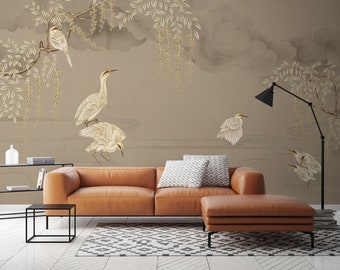 Beige chinoiseriebehang: vintage vogels en bladeren, peel and stick