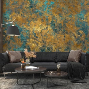 Roestig koper noodlijdend metaal goud ijzer behang, abstracte retro design grunge textuur met verschillende groene en gouden patronen muur muurschildering afbeelding 2