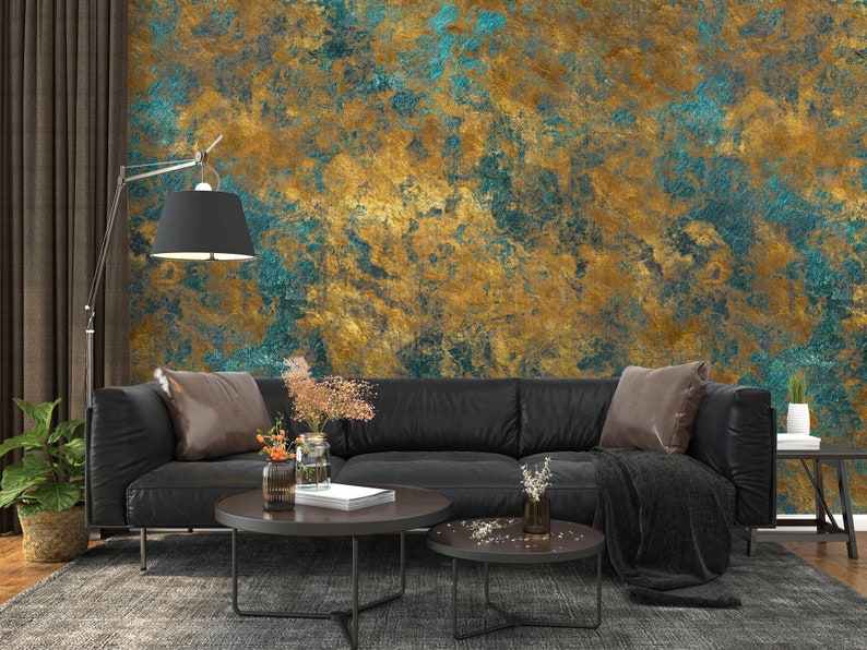 Roestig koper noodlijdend metaal goud ijzer behang, abstracte retro design grunge textuur met verschillende groene en gouden patronen muur muurschildering afbeelding 2