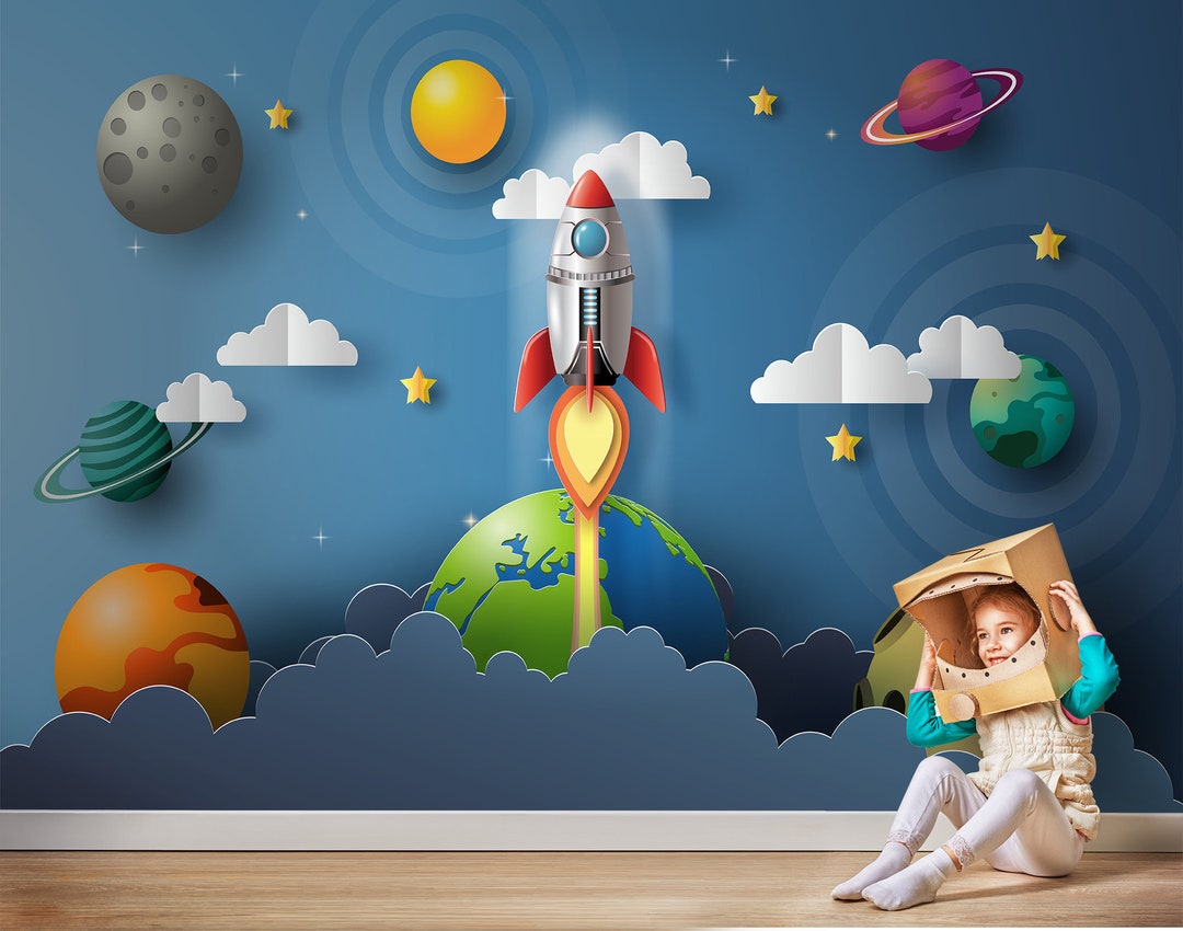 Space Kids Wallpaper: Planets & Rocket Peel and Stick Wall Mural - Etsy