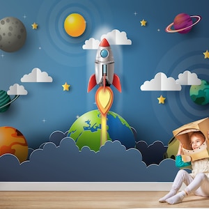 Weltraum Kinder Tapete, Schälen und Stick Planeten Wandbild, Rakete Entfernbare selbstklebende Kinderzimmer Tapete