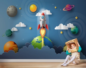 Space Kids Wallpaper: Planets & Rocket Peel and Stick Wall Mural