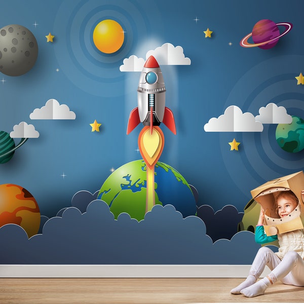 Space Kids Wallpaper, Peel and Stick Planets Wall Mural, Rocket Removable Self Adhesive Children Room Wallpaper