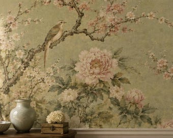 Chinoiserie Garden Mural | Vintage Peony Blossom Bird Wallpaper, Sage Green Decor