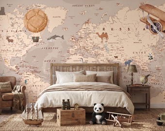 Vintage World Map Wallpaper, Airplane, Hot Air Balloon Nursery Decor