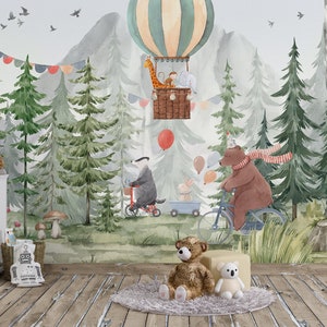 Forest Animals Kids Wallpaper, Nursery Hot Baloon Peel and Stick Trees Wall Mural, Watercolor Woodsy, Bear Bicycle Wallpaper image 4