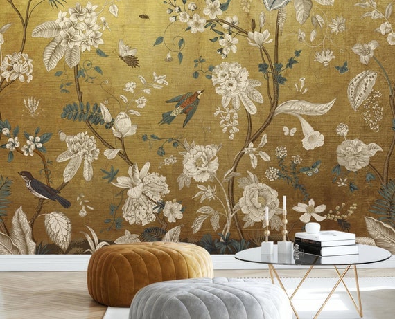 Vintage Gold Chinoiserie Wallpaper, Birds and Flowers, Peel and Stick Mural