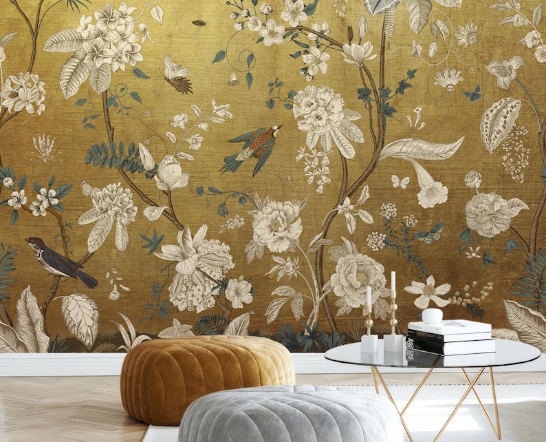 Vintage Chinoiserie Peel and Stick Wallpaper with Birds, Gold Vintage Chinoiserie Botanical Wallpaper Mural, Wallpaper With Birds and Flower