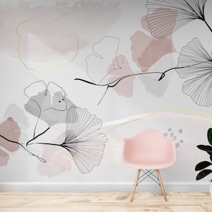 Carta da parati con fiori rosa e oro, murale floreale staccabile e attaccabile, carta da parati autoadesiva rimovibile con acquerello
