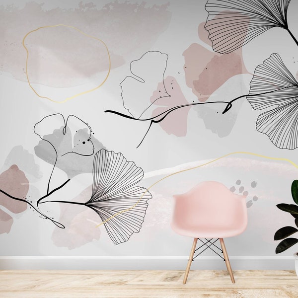 Gold Pink Flowers Wallpaper, Watercolor Floral Peel and Stick Wall Mural