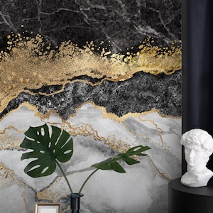 Gold Black Marble Wallpaper, Peel and Stick Abstract Wall Mural, Dark Ink Art Self Adhesive Removable Wallpaper