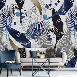 Carta da parati con foglie tropicali, decorazione murale esotica blu e oro, carta da parati autoadesiva rimovibile stacca e incolla