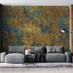 Roestig koper noodlijdend metaal goud ijzer behang, abstracte retro design grunge textuur met verschillende groene en gouden patronen muur muurschildering afbeelding 5