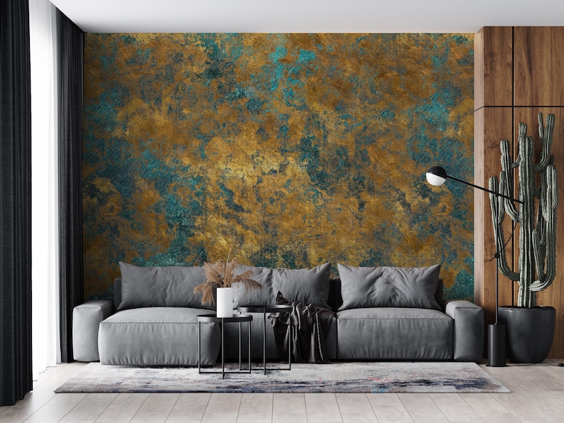 Roestig koper noodlijdend metaal goud ijzer behang, abstracte retro design grunge textuur met verschillende groene en gouden patronen muur muurschildering afbeelding 5