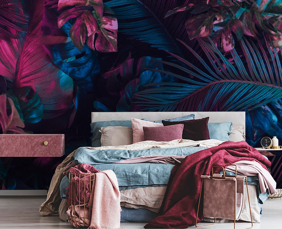 Tropical Leaves Peel and Stick Wallpaper, Neon Botanical Wall Mural - Etsy