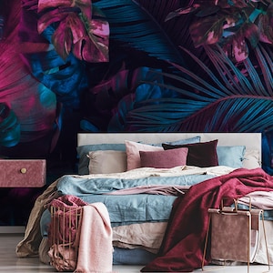 Carta da parati con foglie tropicali, murale colorato con natura staccabile e attaccabile, carta da parati autoadesiva rimovibile al neon