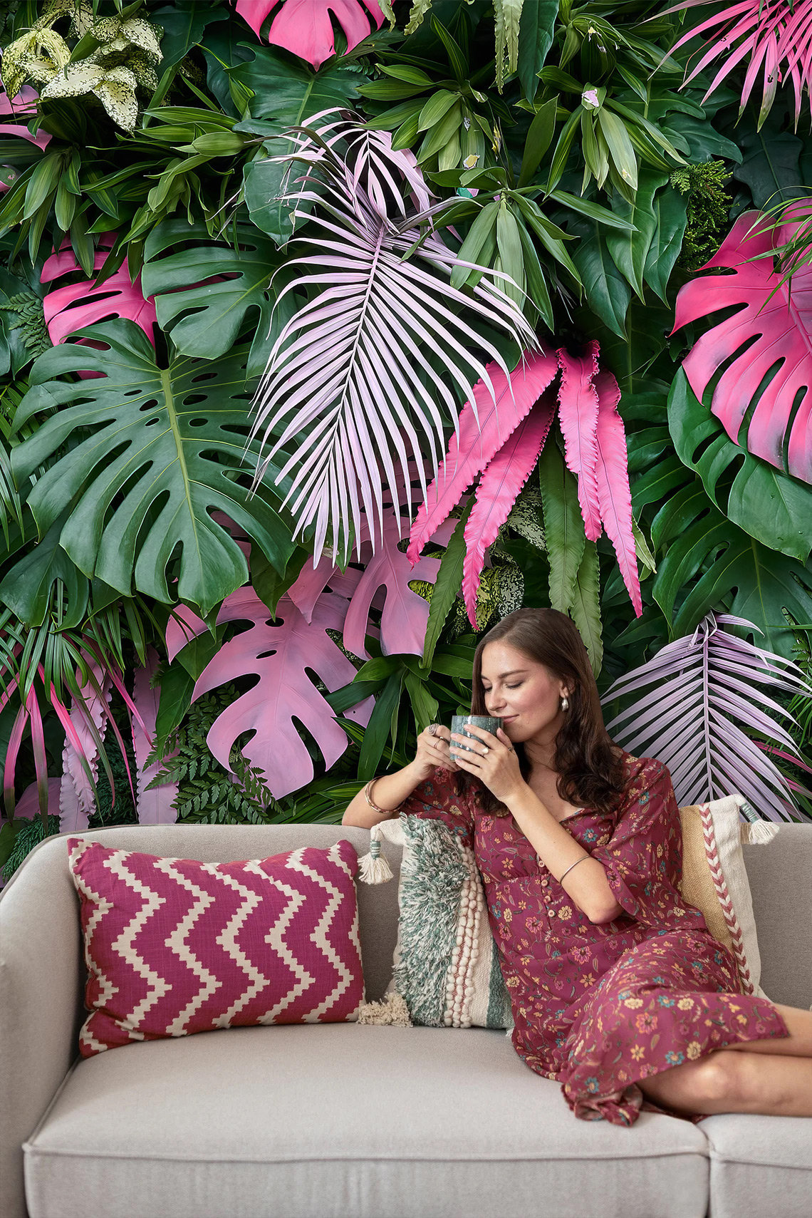 Tropical Leaf Wallpaper Peel and Stick Pink Leaf Exotic Wall Etsy