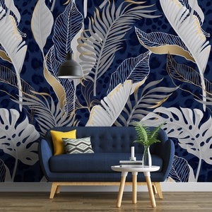 Tropical Leaves Wallpaper, Exotic Blue and Gold Wall Mural, Peel and ...