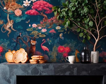 Dark Navy Safari Animals Chinoiserie Mural, Exotic Jungle Floral Peel & Stick Wallpaper