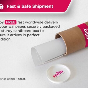 May include: A brown cardboard tube with a white label that says "mon WALLPAPERS" is shown. The tube is partially unrolled, revealing a white roll of wallpaper inside. The text "Enjoy FREE fast worldwide delivery on your wallpaper, securely packaged in a sturdy cardboard box to ensure it arrives in perfect condition. We ship using FedEx." is visible on the white background.