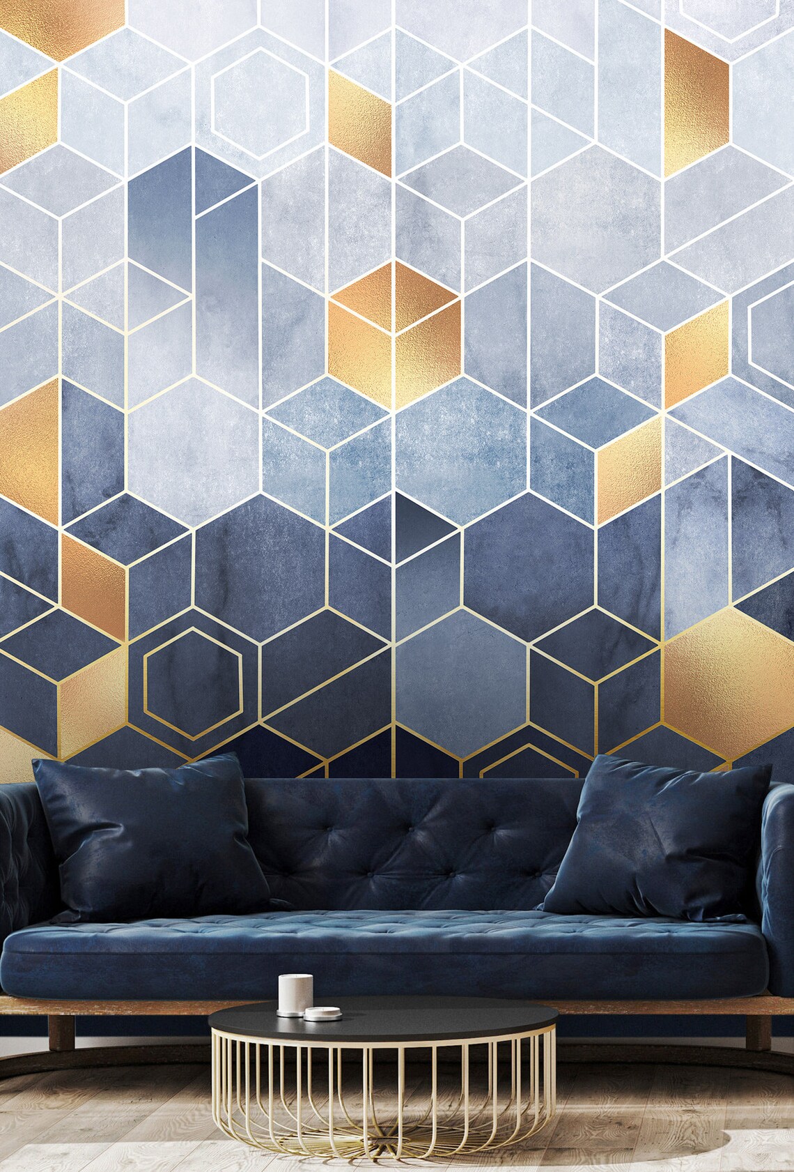 Hexagons Wallpaper Peel and Stick Blue Gold Geometric Wall Etsy