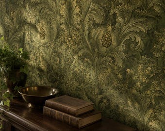 Ornate Damask Wall Mural | Olive Green Victorian Wallpaper | Moody Dining Room Study Library Decor