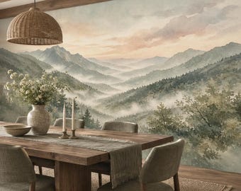 Mountain Valley Dawn Wall Mural | Watercolor Sunrise Landscape Wallpaper | Bedroom, Living Room & Modern Rustic