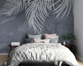 Tropical Leaves Wallpaper, Leaf Sketch Wall Mural, Peel and Stick Self Adhesive Removable Wallpaper